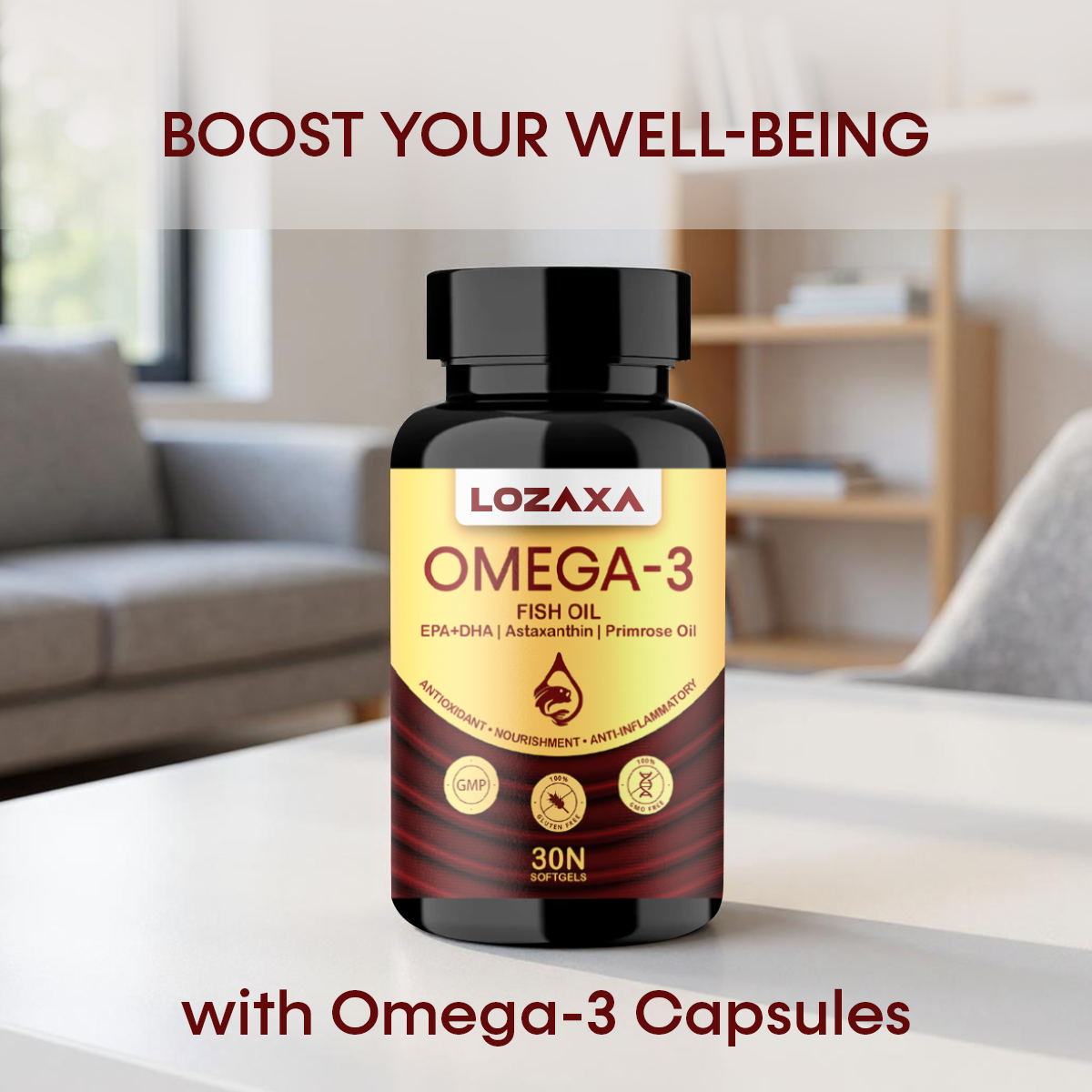Lozaxa ® Omega-3 Capsules | Salmon Fish Oil 1000mg - Advanced Formula with Astaxanthin and Primrose oil